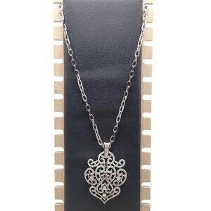 Crown Trifari Double Heart Scrolling Pendant Necklace 19" Silver Tone Vintage